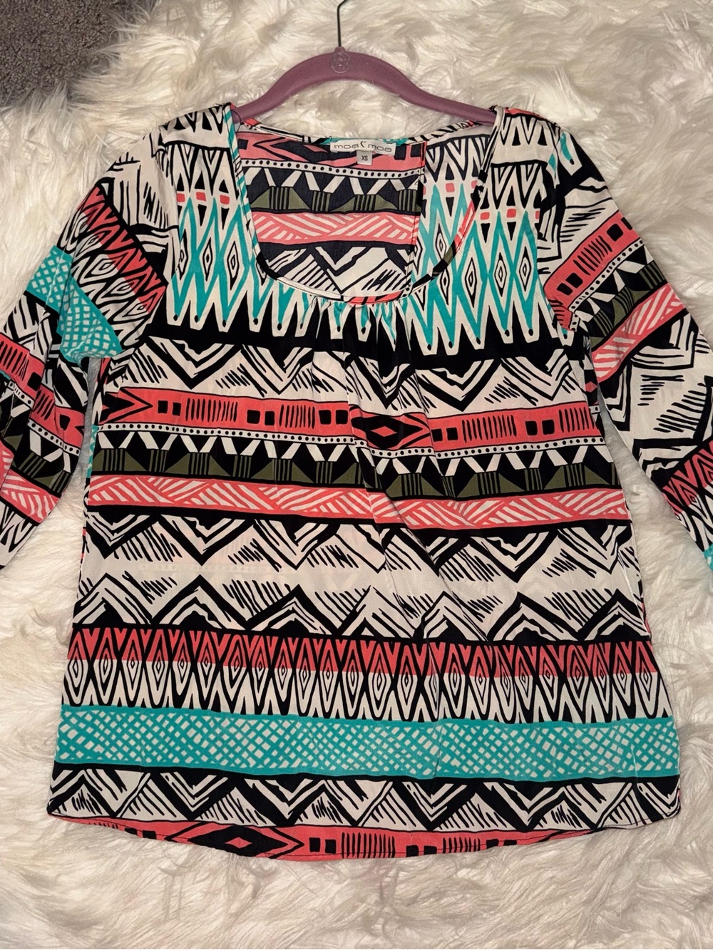 Moa Moa Tribal Stripe Scoop Neck Blouse in Coral, Teal & Black